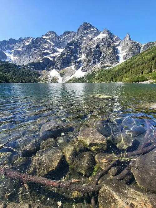 Blick auf den Morskie Oko See knapp über der Wasseroberfläche. Im Hintergrund Gipfel und Wälder vor blauem Himmel.